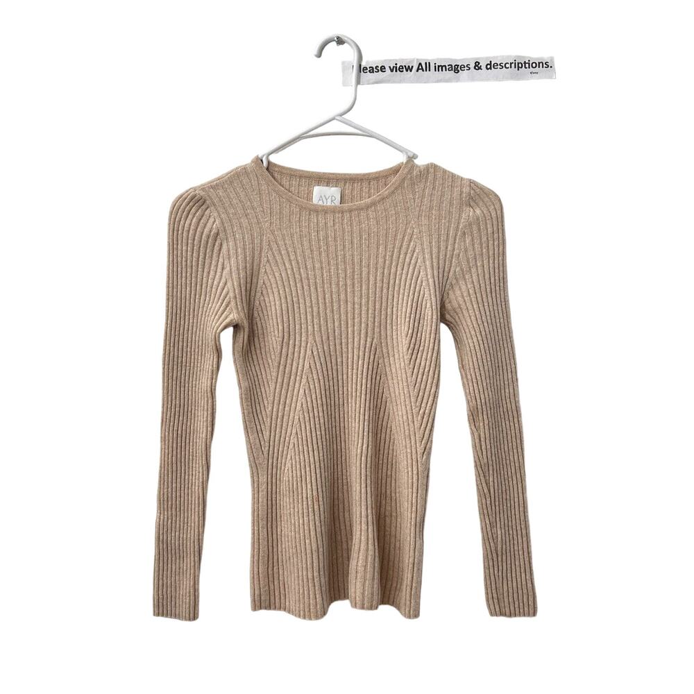 (Stain)AYR Pullover Crew Neck Sweater XS  M Medium100% Merino Wool Ribbed Tan